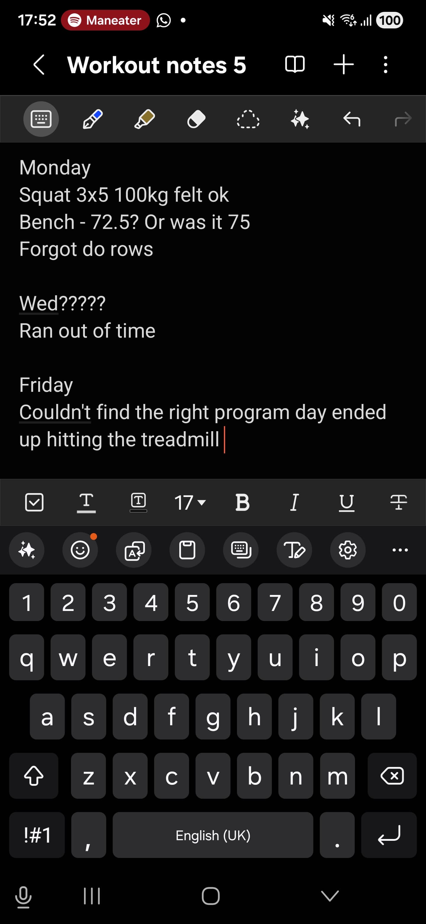 Workout log in Notes app