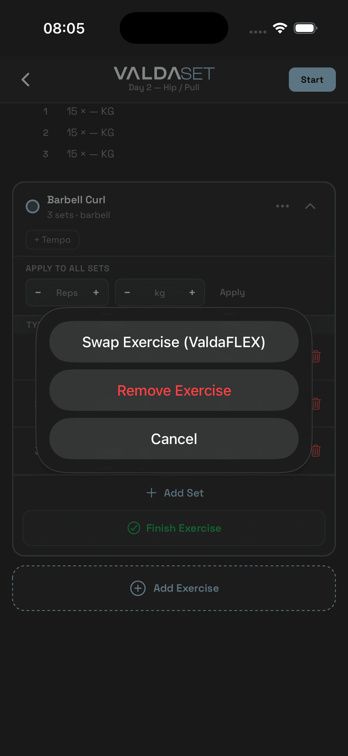 One-tap swap action sheet during a live workout