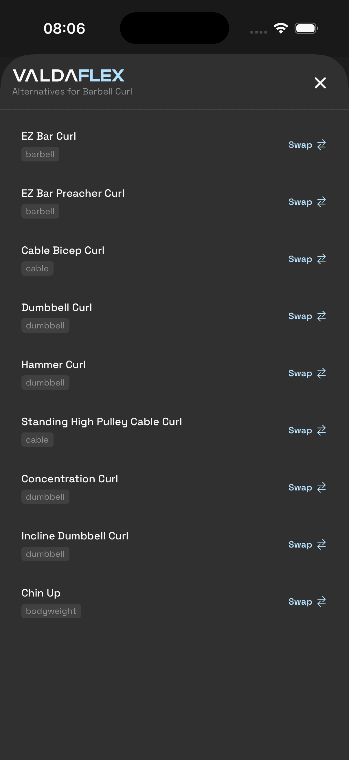 ValdaFLEX exercise swap screen