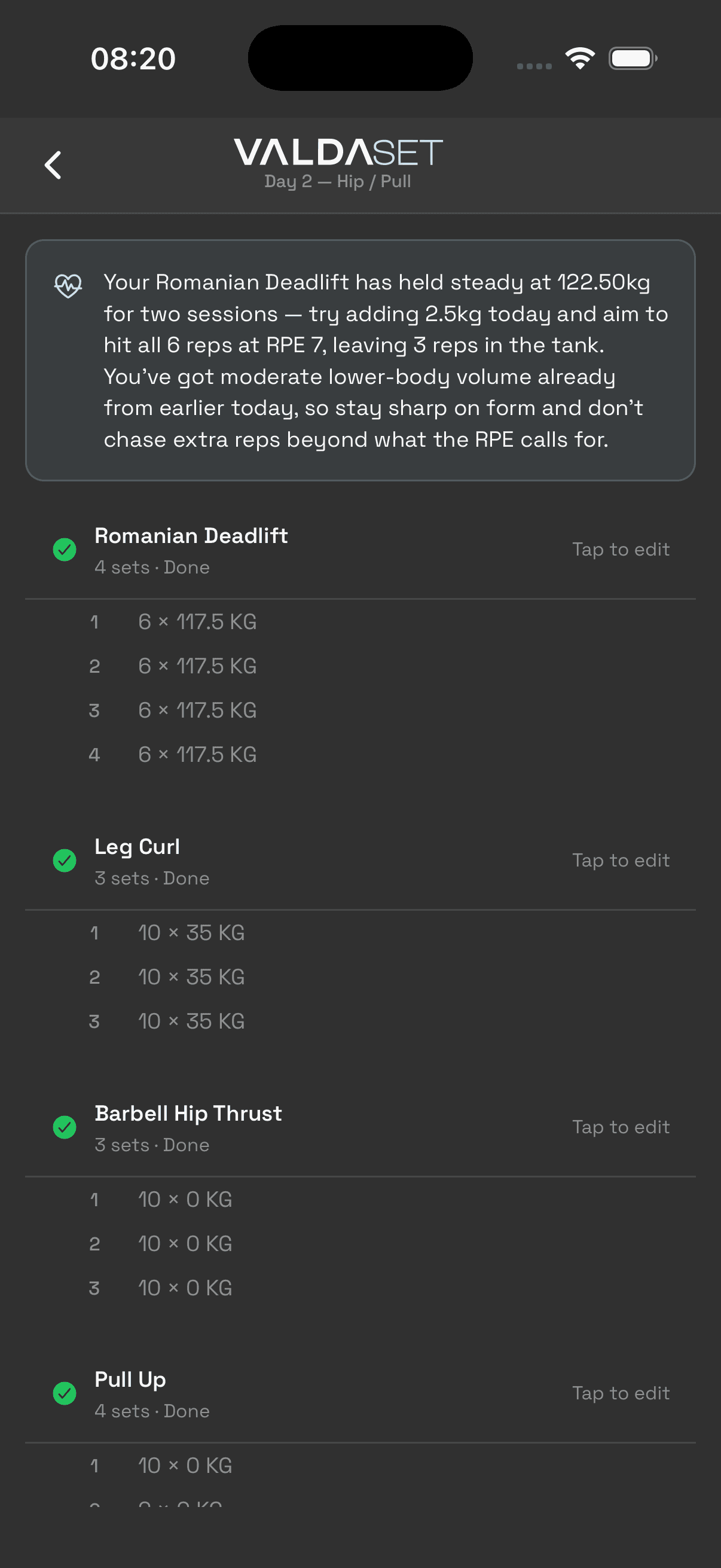 Post-workout coaching with per-set recommendations