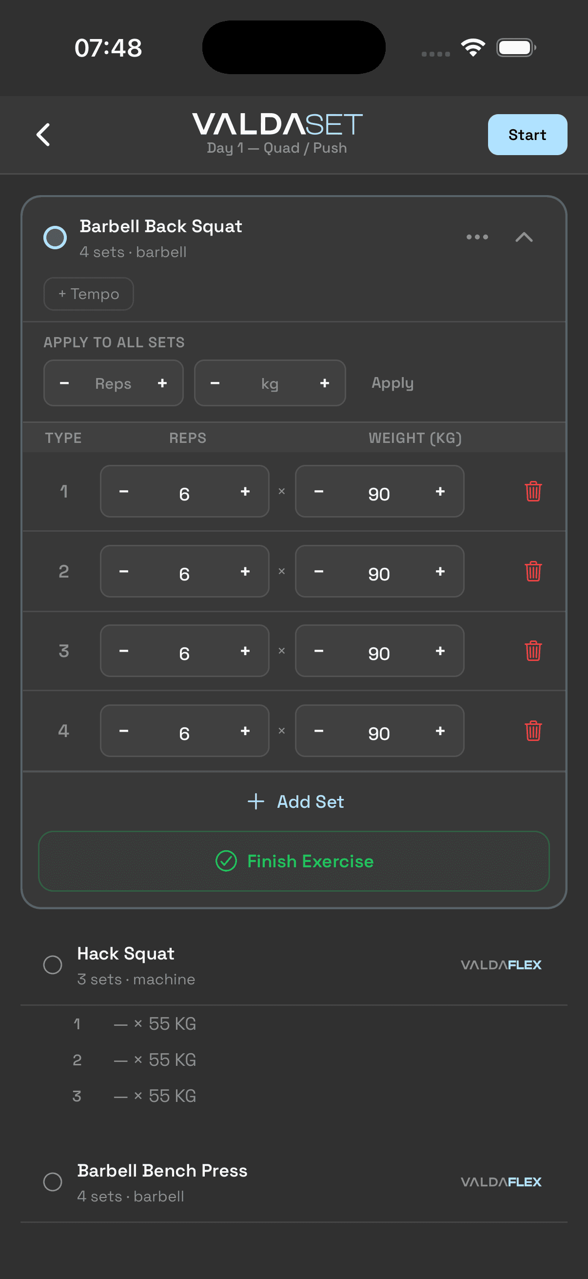 ValdaSET workout logging screen