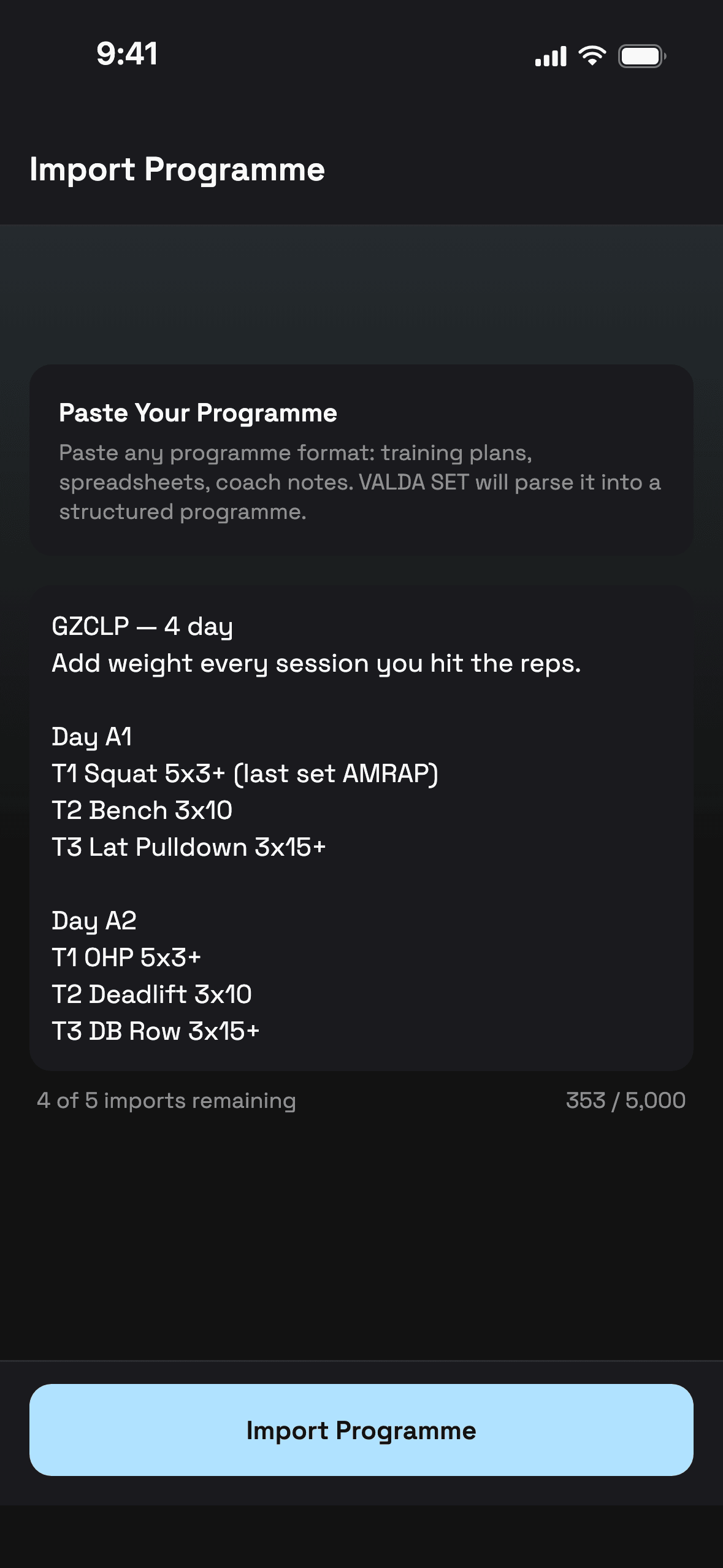 A GZCLP programme pasted into VALDA as plain text