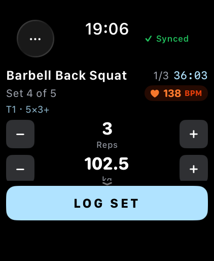 The same set on Apple Watch, with heart rate, ready to log